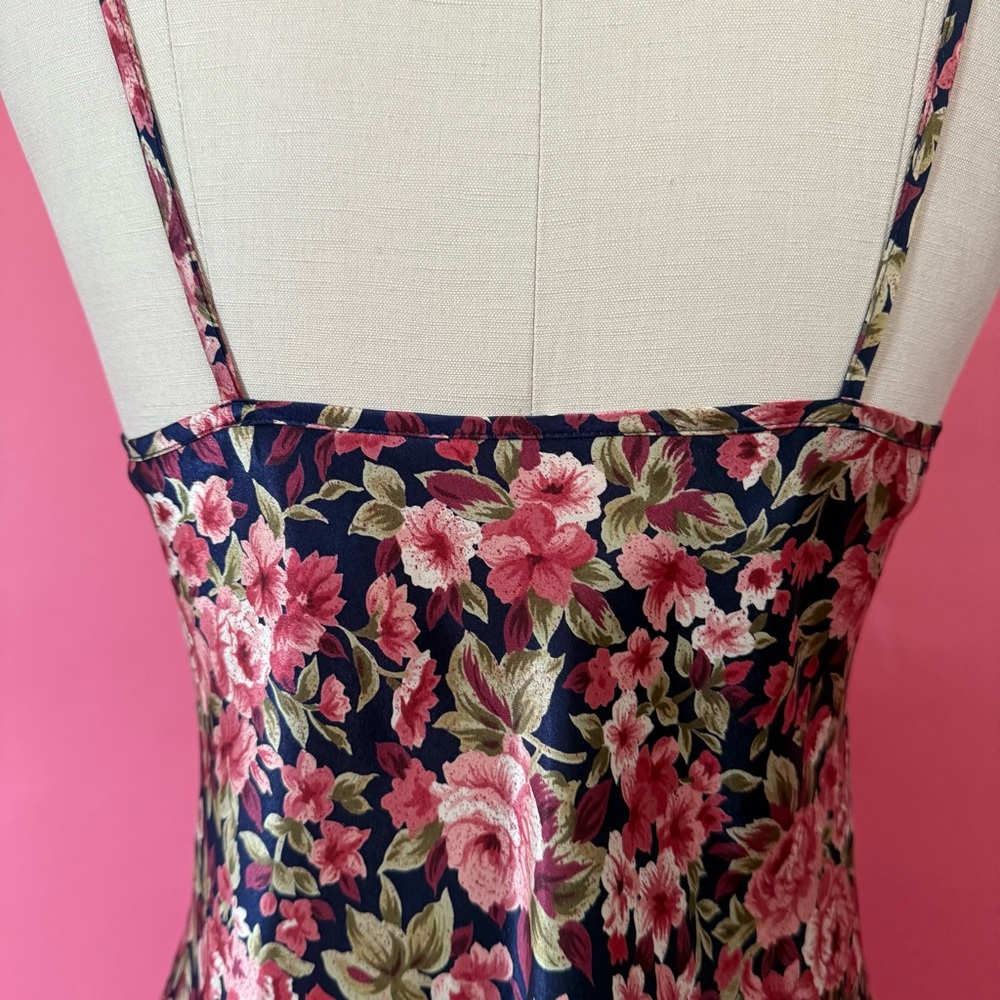 Vintage 80s 90s Coquette Rosette Floral Slip Dress Navy Ruffle Mini Slip Dress S - Picture 12 of 15